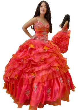 NWT Strapless Cherry & Gold Ruffled Quinceañera BallGown Prom Dress